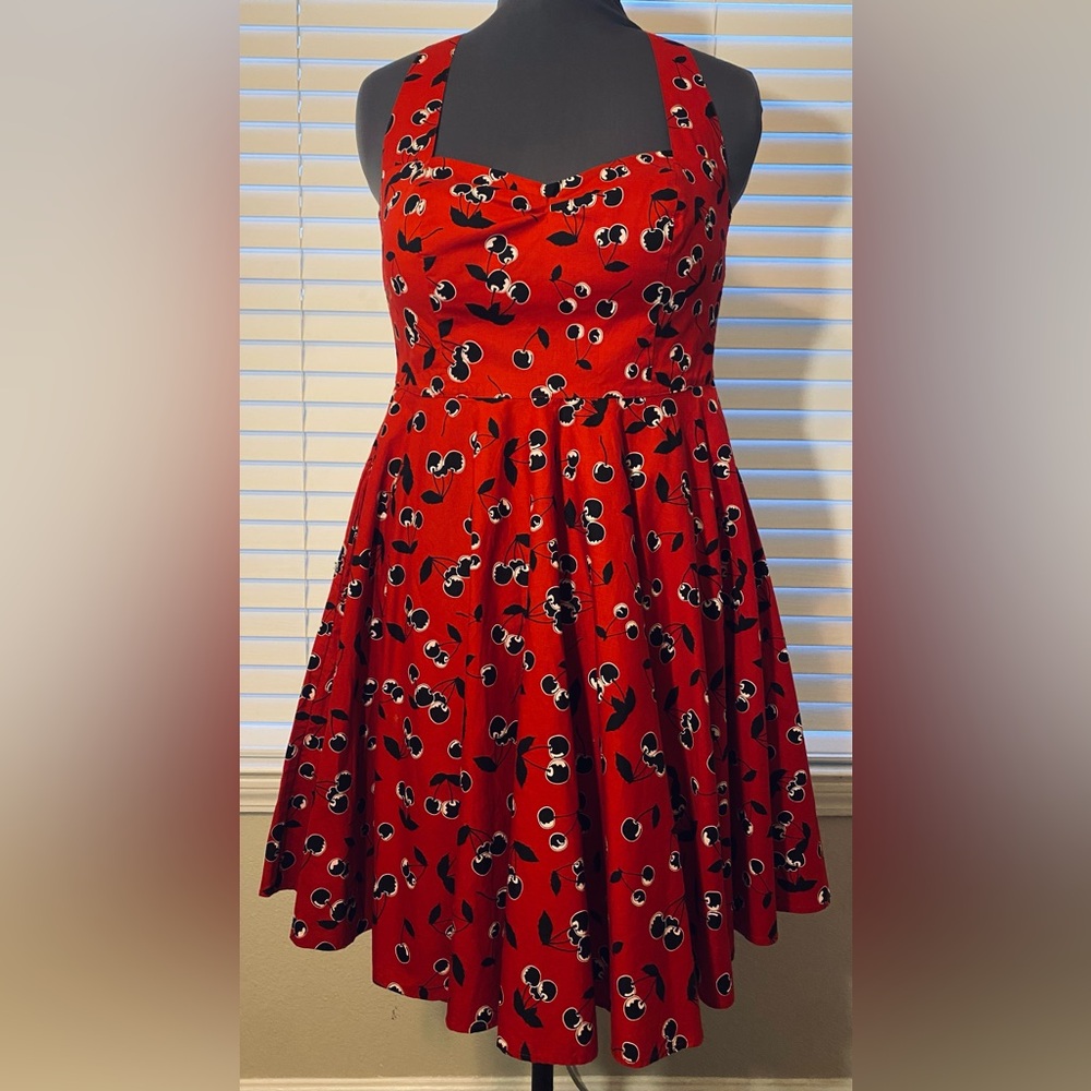Hell Bunny Alison Retro Cherry Print Halter Dress Size 16UK - Picture 6 of 13